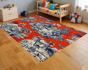 Safari Animal Print Rug, Red Island Palm Tree Carpet, Non-Slip