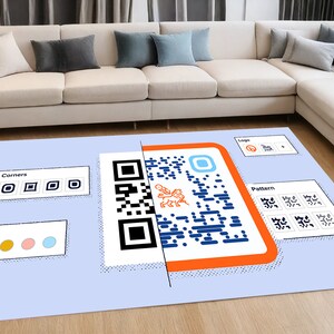 Könnte beinhalten: Ein blauer und weißer Teppich mit einem QR-Code-Design. Der Teppich hat einen weißen Hintergrund mit einem blauen und orangen Rand. Der QR-Code ist von einem weißen Rand umgeben und hat ein Löwenlogo in der Mitte. Der Teppich enthält auch einen Abschnitt mit den Wörtern "Corners", "Color", "Logo" und "Pattern" mit Beispielen für jeden.