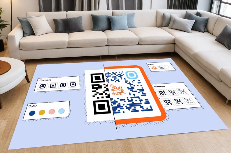 Peut inclure: Un tapis bleu et blanc avec un motif de code QR. Le tapis a un fond blanc avec une bordure bleue et orange. Le code QR est entour&eacute; d'une bordure blanche et a un logo de lion au centre. Le tapis comprend &eacute;galement une section avec les mots "Corners", "Color", "Logo" et "Pattern" avec des exemples de chacun.