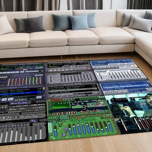 May include: A black and green rug with a digital soundboard design. The rug features a variety of buttons, knobs, and sliders, as well as a green screen with a digital display. The rug is ideal for adding a unique and modern touch to any room.