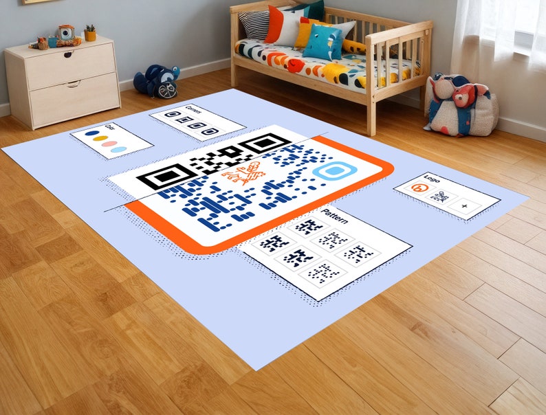 Peut inclure: Un tapis bleu et blanc avec un code QR, une palette de couleurs et un motif de carr&eacute;s. Le tapis porte les mots "Logo", "Motif" et "Ouvert" imprim&eacute;s dessus.