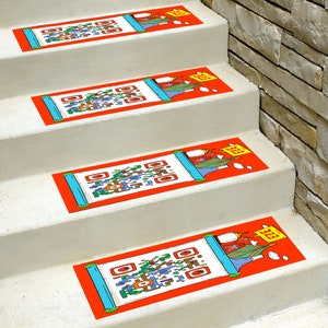 Puede incluir: Cuatro peldaños de escalera rojos y azules con un diseño de rollo colorido y el número 333 impreso en cada peldaño.