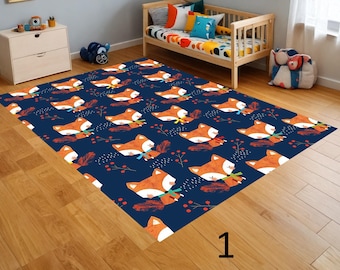 Fox Rug,Cute Orange Fox Rug,Fox Carpets,Rug For Thanksgiving,Autumn Baby Fox Rug,Forest Fox Dark Blue Rug,Colourful Leaves Rugs,Foxes Rugs