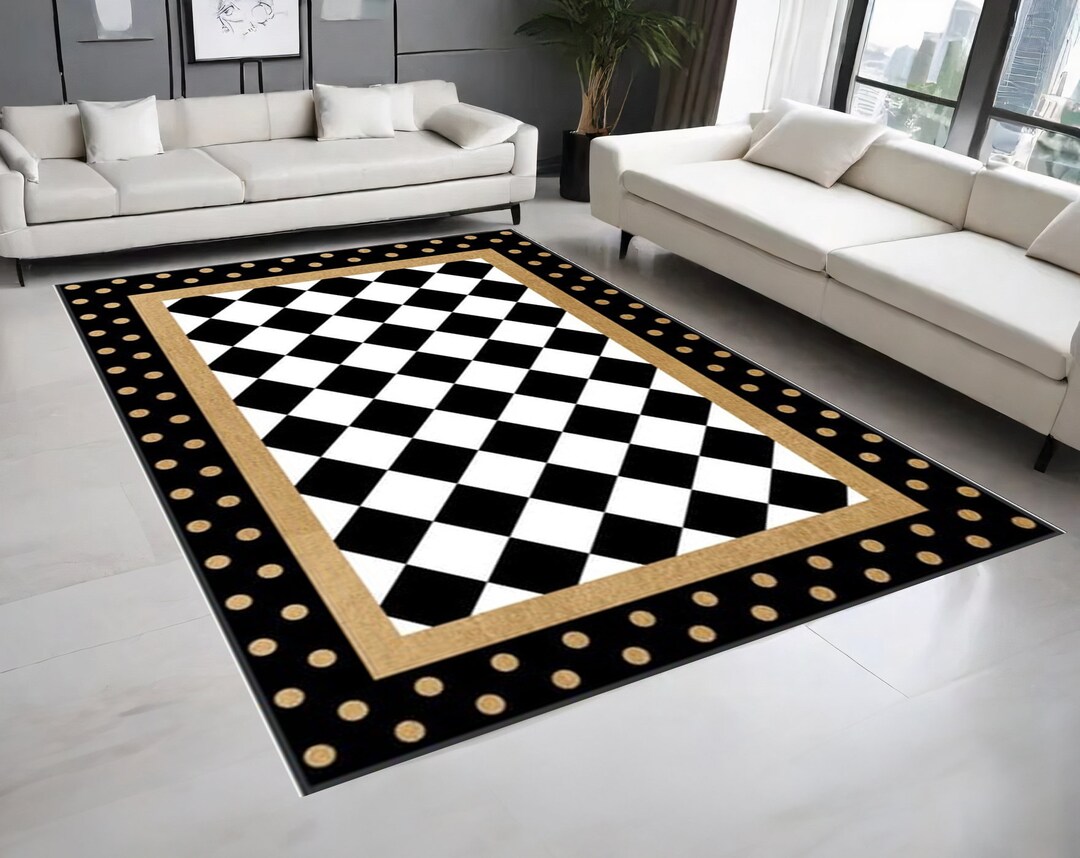 Checkered Rug, Black Border on Check Pattern Nonslip Area Rug, Black ...