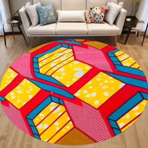 African Vector Circle Rug, Red Turquoise Geometric Pattern, Non-Slip