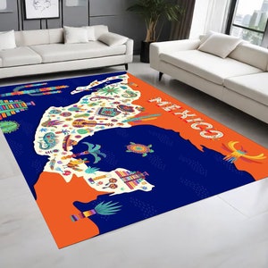 May include: A colorful area rug with a map of Mexico. The rug is orange and blue with a white outline of the country. The map is decorated with various colorful illustrations of Mexican culture, including cacti, animals, and traditional clothing.