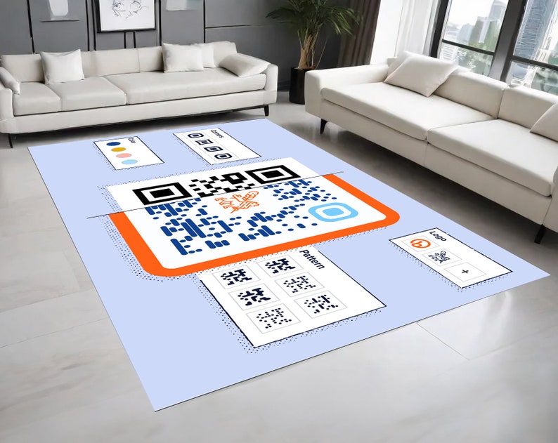 Peut inclure: Un tapis bleu et blanc avec un motif de code QR. Le tapis a un fond bleu clair avec une bordure blanche. Le code QR est au centre du tapis et est entour&eacute; d'une bordure blanche. Le tapis a &eacute;galement un petit logo dans le coin inf&eacute;rieur droit.