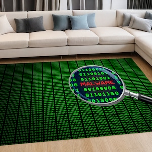 May include: A black and green rug with a magnifying glass over a section of binary code. The magnifying glass shows the word "MALWARE" in red.
