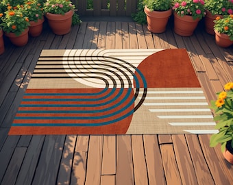 Geometric Outdoor Rug, Farmhouse Patio Decor,Colourful Old African Patterned Patio Carpet