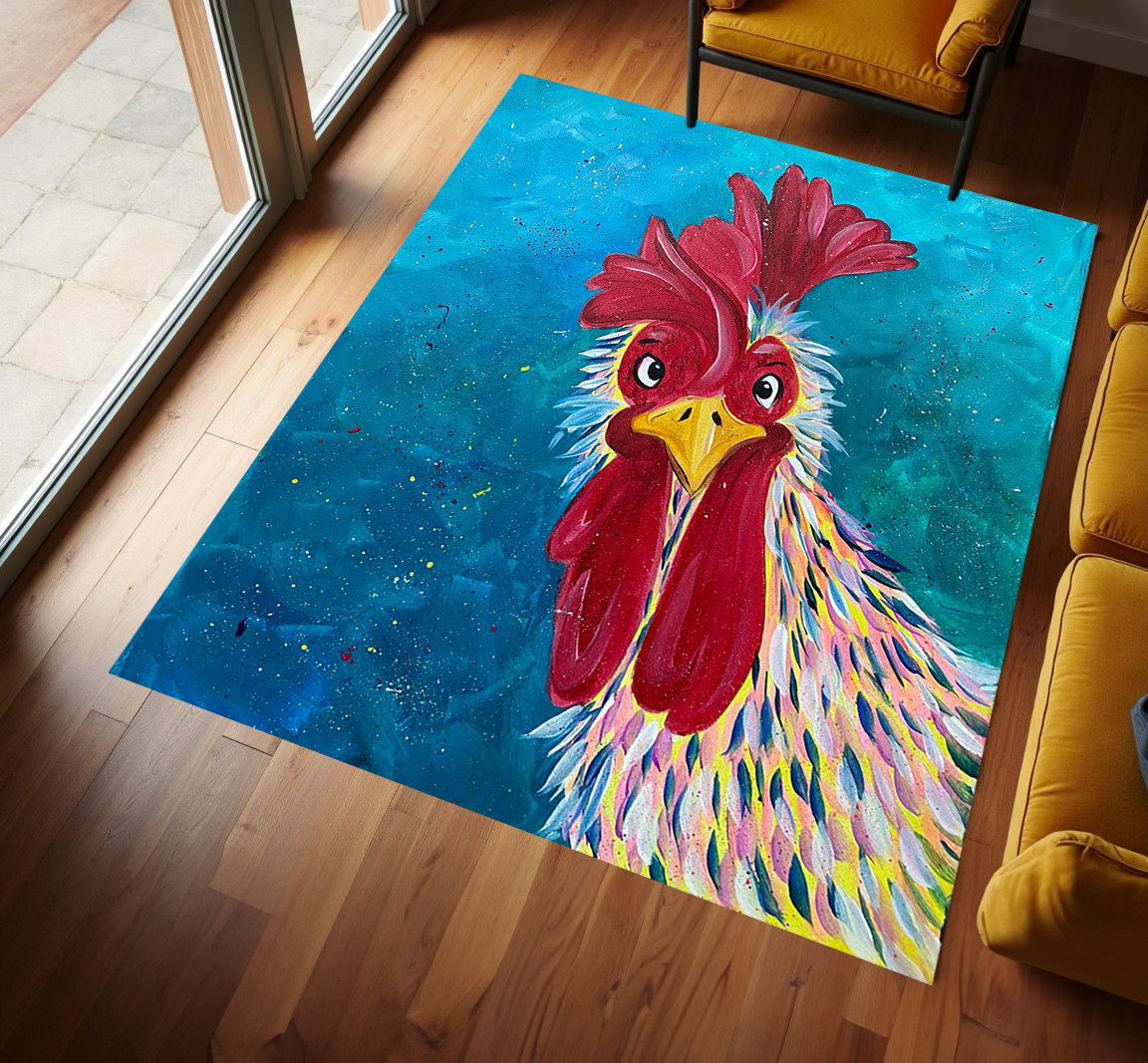 Blue Chicken Rug Chicken Rooster Picture Painting Carpet,artistic Chicken Rooster Themed ...