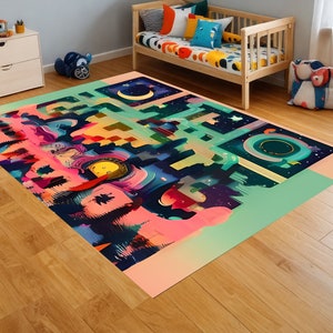 Puede incluir: Una alfombra abstracta colorida con formas geométricas y patrones en tonos de rosa, azul, verde, amarillo y negro. La alfombra tiene un borde rosa claro.