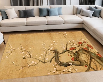 Pink Flower Japanese Motif Rug, Non-Slip Historical Pattern