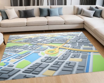 May include: A city map rug with a 3D design. The rug features a detailed map of a city with streets, buildings, and parks. The map is rendered in a light blue, gray, and yellow color scheme.