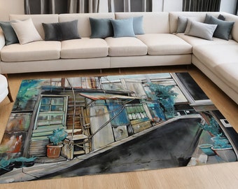 Japanese Themed Things Carpet,Japan Tokyo Drawing Rugs,Tokyo Architect Rug,Old Tokyo Rug,Japan  Architecture Rug,West Tokyo Art Picture Rugs