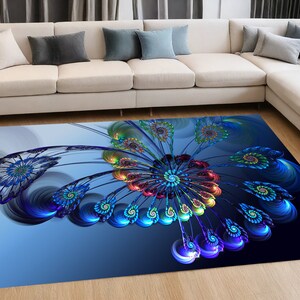 Puede incluir: Alfombra de área abstracta con un fondo azul y un diseño floral colorido y arremolinado.