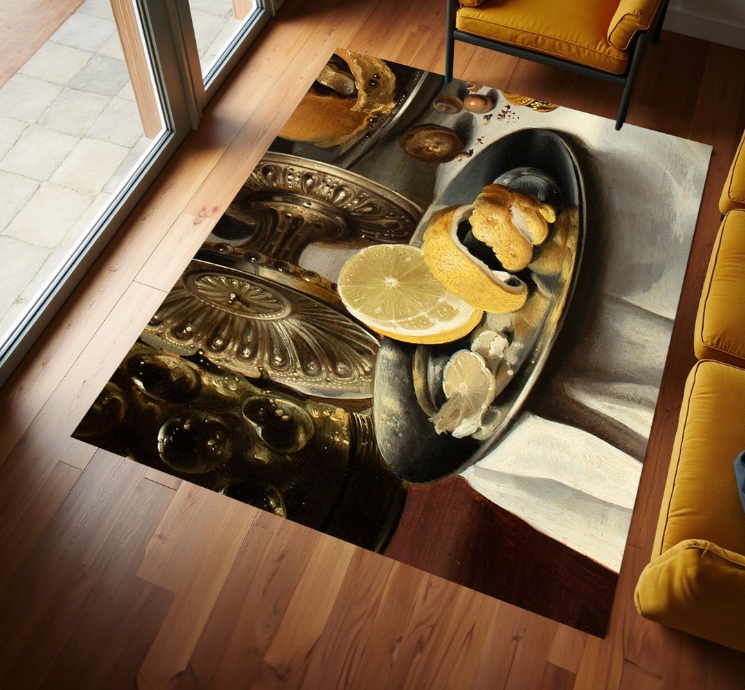 Art Painting Rug, Lemon & Silver Still Life, Non-slip Digital