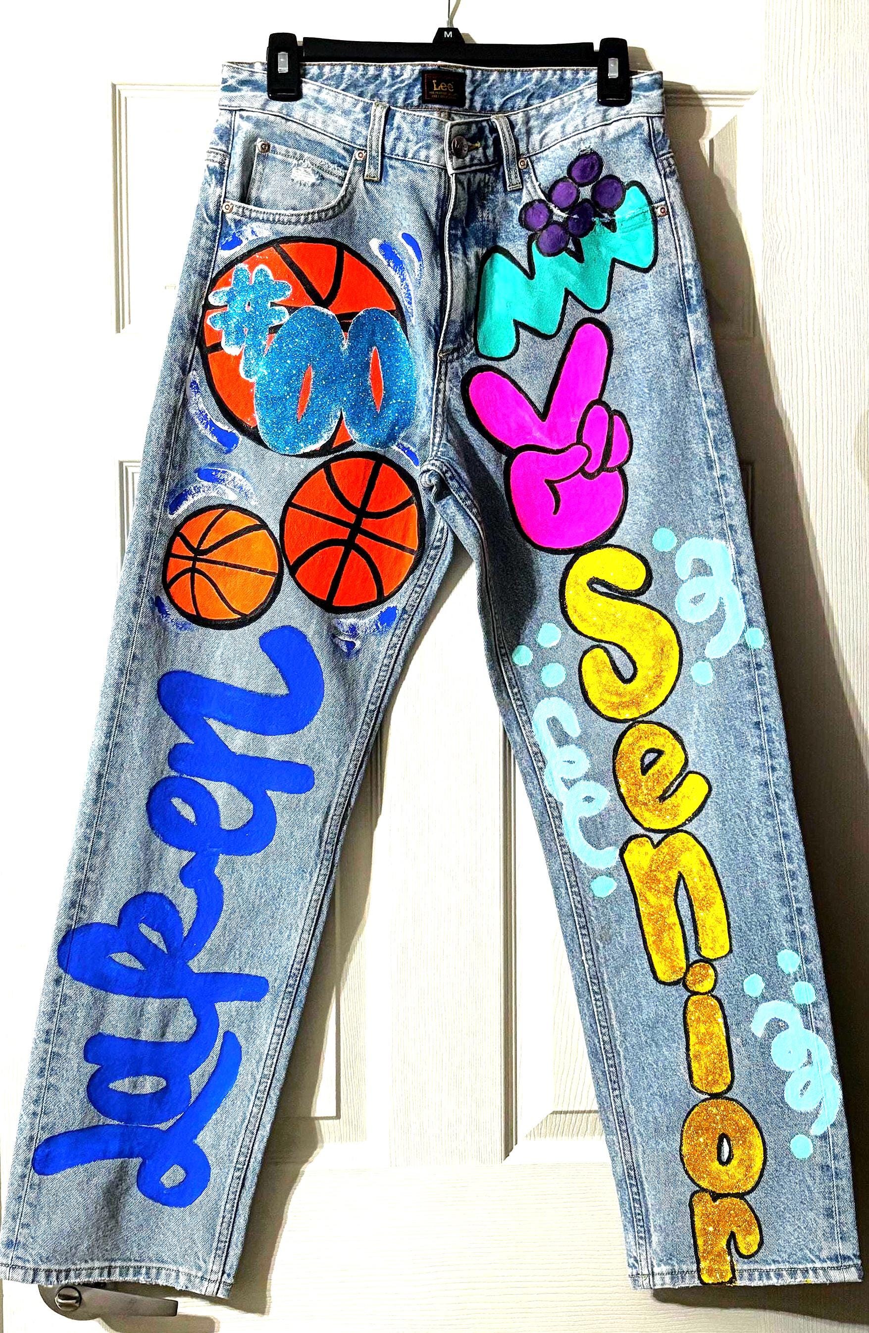 Hand painted personalized denim jeans or jacket / senior class / custom / teen / high school / college / graduate / name / initials