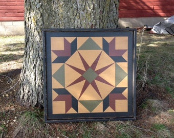 PriMiTiVe Hand-Painted Barn Quilt, Small Frame 2' x 2' - Garden of Eden Pattern