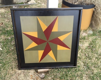 PriMiTiVe Hand-Painted Barn Quilt, Small Frame 2' x 2' - Twirling Star Pattern