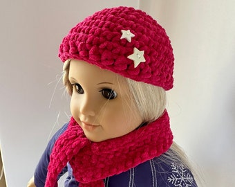 Doll hat, Doll beanie, Doll beanie hat, Hot pink doll hat and scarf, Doll accessories
