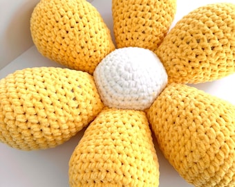 Crocheted Flower Pillow, Sunshine Yellow Accent Plushie, 15 Inch Round Throw