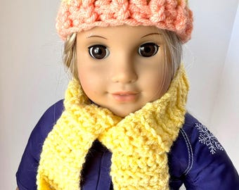 Doll hat, Doll beanie, Doll beanie hat, Doll accessories, Yellow and peach doll hat and scarf