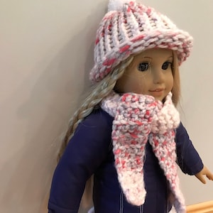 Doll hat, Doll clothes, Doll, Doll accessories, Winter doll hat, 18 inch doll hat, Pink/purple and white doll hat and scarf set