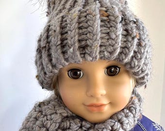 Grey doll hat and scarf, Doll hat and scarf, 18 inch doll hat and scarf , Doll clothes, Doll accessories, Doll hat