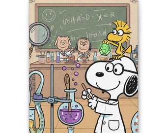 Puede incluir: Un lienzo impreso que muestra a Snoopy como científico con bata y gafas, sosteniendo un tubo de ensayo. Woodstock está sentado sobre la cabeza de Snoopy sosteniendo un cristal verde. Al fondo, dos personajes están ante una mesa de laboratorio.