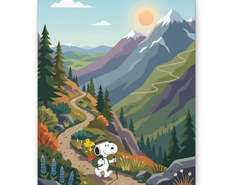 Cuadro decorativo de pared de Snoopy y Woodstock haciendo senderismo – Póster de sendero de montaña, decoración para el hogar de Peanuts