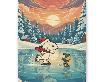 Cuadro decorativo de invierno de Snoopy y Woodstock patinando sobre hielo (Snoopy y Woodstock)
