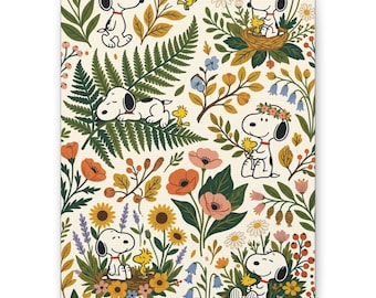 Puede incluir: Impresión en lienzo con un patrón repetido de personajes de Snoopy y Woodstock en medio de un diseño floral y botánico. La obra de arte incluye varias flores, helechos y follaje en tonos de naranja, rosa, amarillo y verde sobre un fondo crema.