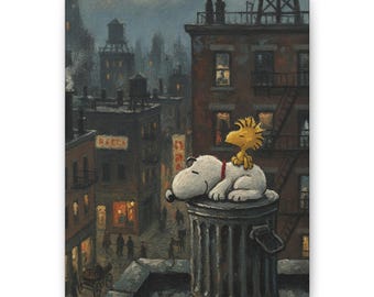 Snoopy Woodstock Rooftop Night Canvas Print Classic Cartoon Wall Decor