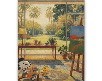 Puede incluir: Un lienzo con una pintura de Snoopy y Woodstock en una habitación soleada con un gran ventanal hacia un jardín. Snoopy sostiene una paleta de pintura junto a un caballete con un paisaje. Se aprecian una mesa y varias plantas en la estancia.