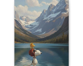 Lienzo decorativo de Snoopy en un lago alpino, estilo Peanuts, ideal para decorar la pared de la montaña.