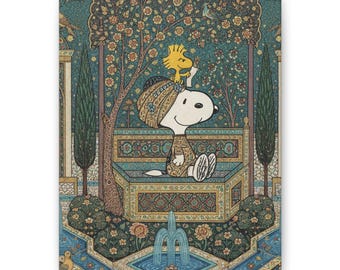 Cuadro decorativo de Snoopy con diseño de jardín persa y miniaturas de Peanuts para pared.