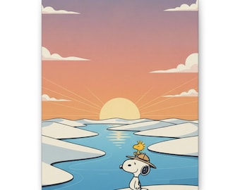 Puede incluir: Un lienzo rectangular que muestra a un beagle blanco con un sombrero beige y un pequeño pájaro amarillo sobre su cabeza. Están junto a un río azul que fluye a través de dunas de arena blanca bajo un cielo de atardecer con tonos naranjas.