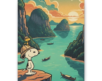 Snoopy, vista de acantilado en Tailandia, lienzo impreso, arte mural de dibujos animados clásicos.