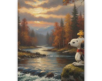 Snoopy Woodstock Autumn River Canvas Print Classic Cartoon Wall Decor