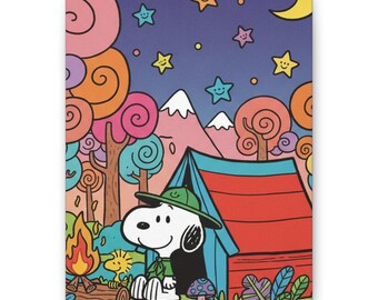 Lienzo decorativo de Snoopy acampando, estilo clásico de dibujos animados.