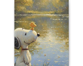 Puede incluir: Un lienzo impreso que muestra un beagle blanco con una oreja negra y un pequeño pájaro amarillo posado en su nariz. Los personajes están de perfil sobre un fondo impresionista y texturizado de un lago brillante y árboles dorados.