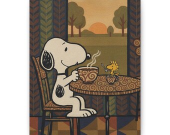 Snoopy Morning Cafe Canvas Print Classic Cartoon Wall Decor