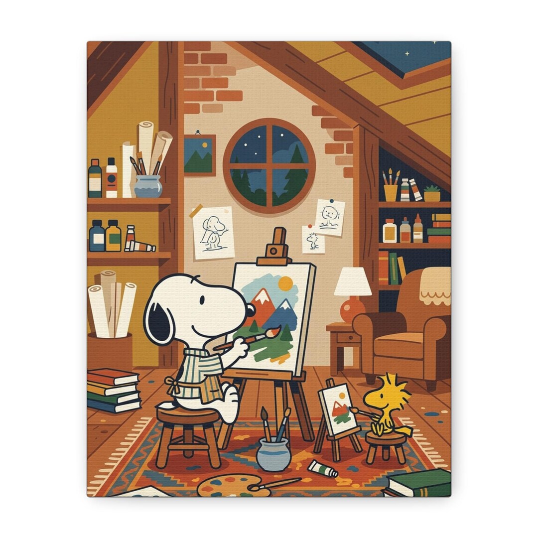 Snoopy and Woodstock Cozy Attic Studio Snoopy Canvas Wall Art - Peanuts ...