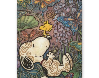 Snoopy Woodstock Butterfly Garden Canvas Print Art Nouveau Wall Decor