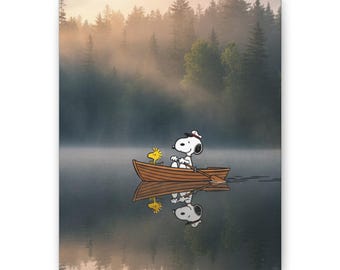 Cuadro de Snoopy y Woodstock en Misty Lake para decoración de pared con dibujos animados clásicos.
