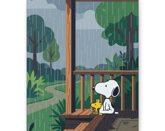 Cuadro decorativo de Snoopy y Woodstock en un porche lluvioso. Impresión en lienzo.