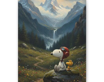 Puede incluir: Un perro de dibujos animados blanco con gorro de aviador rojo y gafas está sentado sobre una roca junto a un pequeño pájaro amarillo. La escena muestra un prado con flores, un sendero sinuoso, una cascada y montañas nevadas al fondo.