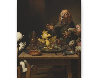 Puede incluir: Un lienzo impreso que representa una escena de cena con un pájaro amarillo de pie sobre un plato central. Una figura parecida a un perro con ojos muy abiertos y manos levantadas se sienta a la mesa junto a un personaje parecido a un pájaro.