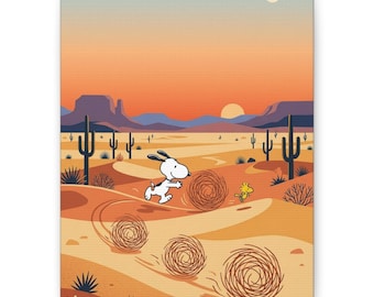 Puede incluir: Impresión artística en lienzo que muestra a Snoopy corriendo por un paisaje desértico con arbustos rodantes. La obra de arte tiene una cálida paleta de colores naranja, amarillo y marrón, con cactus y un sol poniente. Un pequeño pájaro amarillo también está corriendo.