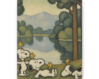 Cuadro decorativo de Snoopy y Woodstock bañándose, de Peanuts, estilo Cézanne.